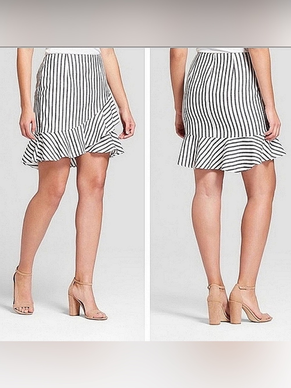 A New Day Women's Black And White Striped Asymmetric Ruffle Mini Skirt 6 Cotton